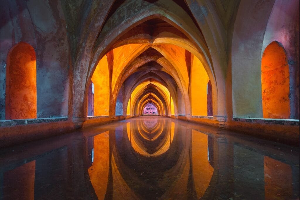 water, nature, architecture, arches, arcade, interior, reflection, church, design, colour, spain, old, hallway, temple